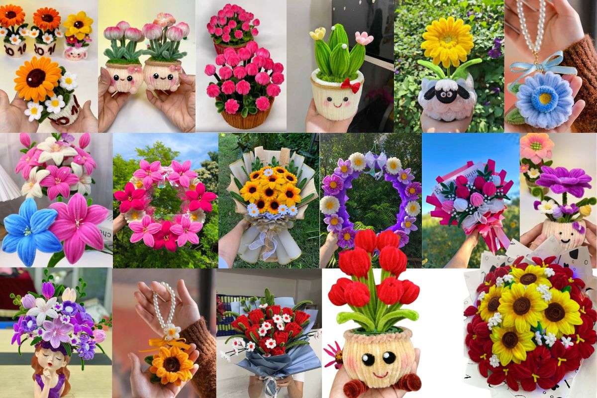 Flores e jarrinhos de limpador de cachimbo